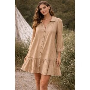 By The River Tan Crinkle Gauze Button Front Ruffle Hem Shirt Dress CR1449 L